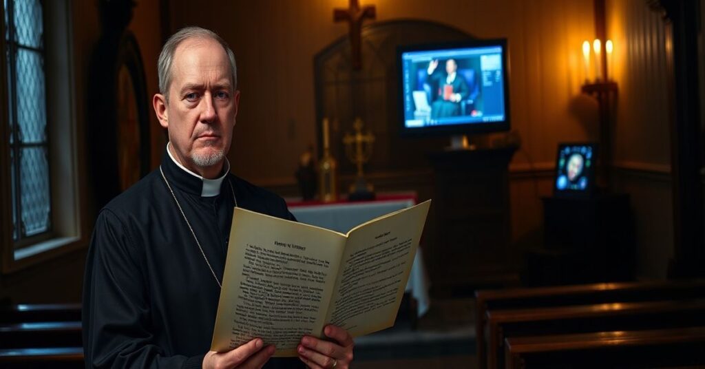 Ks. Piotr Spyrę stoi przed modlitewnikiem w ciemnym kaplicy z listem ostrzegawczym o grupie 'Zdrowaś Maryjo Łaski Pełna'