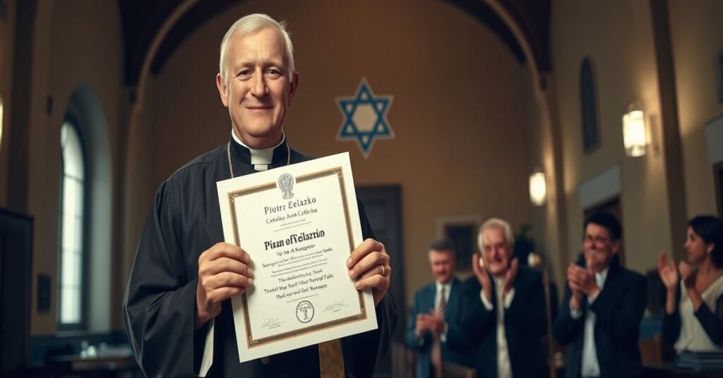 Ks. Piotr Żelazko stoi w synagodze z tytułem 'Człowiek Pojednania' w ręku, otoczony żydowskimi symbolami i apostazją wiary.