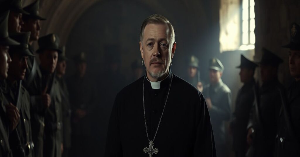 Portret ks. Jerzego Popiełuszki w ciemnym bunkrze wojskowym otoczony cieniami żołnierzy WSW, symbolizujący męczeństwo za wiarę