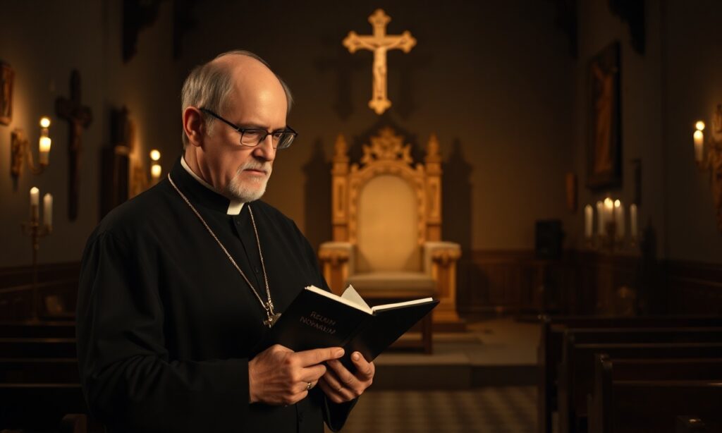 Ks. prof. Józef Kloch w tradycyjnym katolickim wnętrzu z krzyżem i ikonami religijnymi, trzymając księgę 'Rerum Novarum' i patrząc na interfejs sztucznej inteligencji na tablecie.