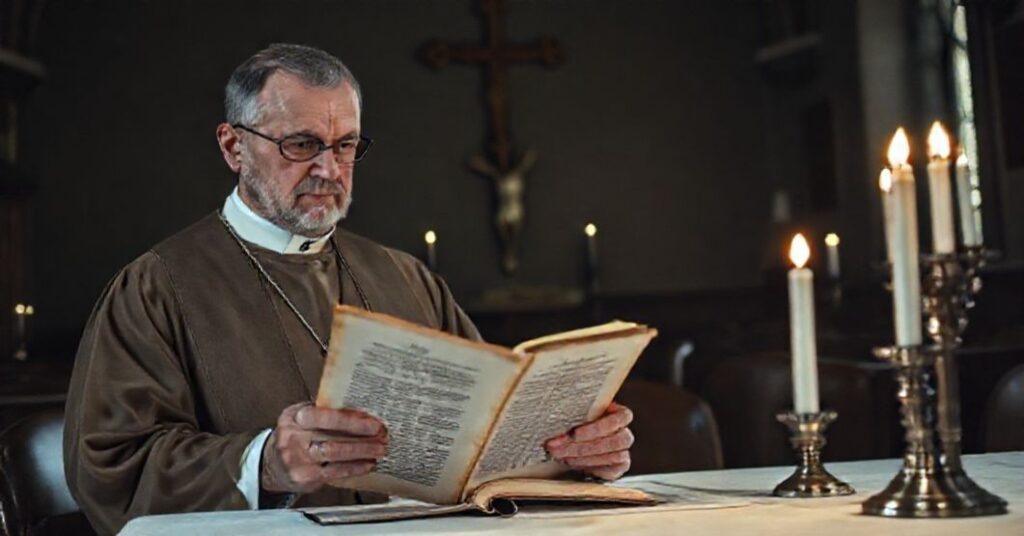 Traditionalny kapłan katolicki ks. prof. Rosik w ciemnym kościele trzyma stary egzemplarz Rytuału Rzymskiego obok nowoczesnego raportu psychiatrycznego