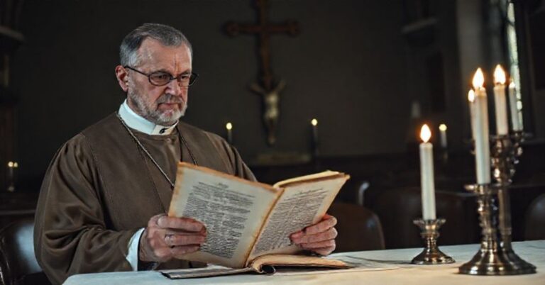 Traditionalny kapłan katolicki ks. prof. Rosik w ciemnym kościele trzyma stary egzemplarz Rytuału Rzymskiego obok nowoczesnego raportu psychiatrycznego