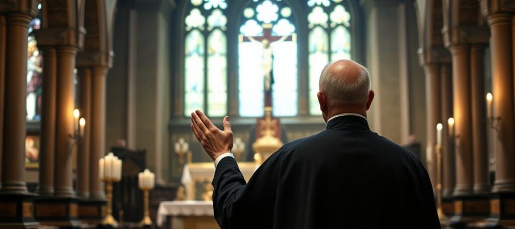 Ks. Przemysław Krakowczyk w tradycyjnym ornacie modli się przed Najświętszym Sakramentem w starożytnej kościelnej kaplicy. Scena jest oświetlona świecami i promieniem świetlnego monstrancji symbolizującego prawdziwe źródło jedności w Chrystusie.