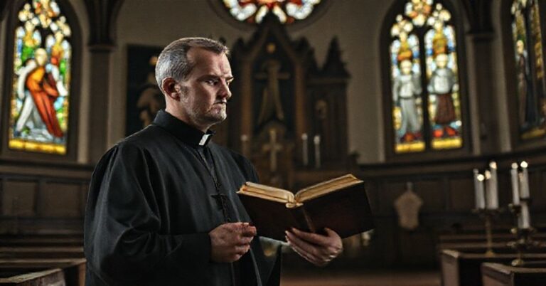 Ks. Przemysław Krakowczyk stoi przed ołtarzem w tradycyjnym kościele, przypominając o potrzebie łaski w drodze do zbawienia.