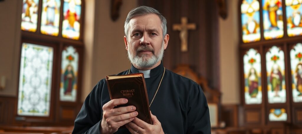Ks. Przemysław Krakowczyk w tradycyjnym kościele katolickim z Biblią w ręku