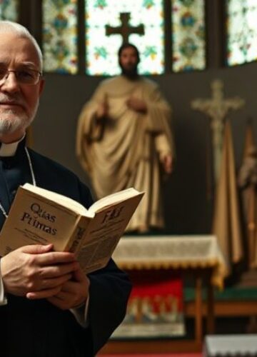 Ks. Rafał Hołubowicz o zwycięstwie Chrystusa i prawdziwej jedności katolickiej Ks. Rafał Hołubowicz w tradycyjnym kościele katolickim z księgą 'Quas Primas' Piusa XI i figurą św. Andrzeja Boboli na tle