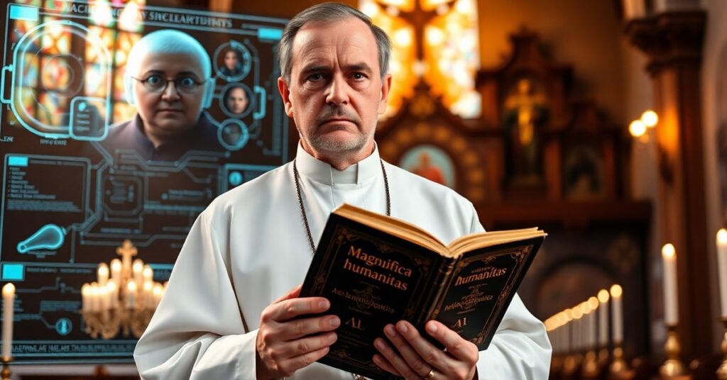 Ks. dr hab. Rafał Kowalski przed AI interfejsem w tradycyjnym wnętrzu kościelnym
