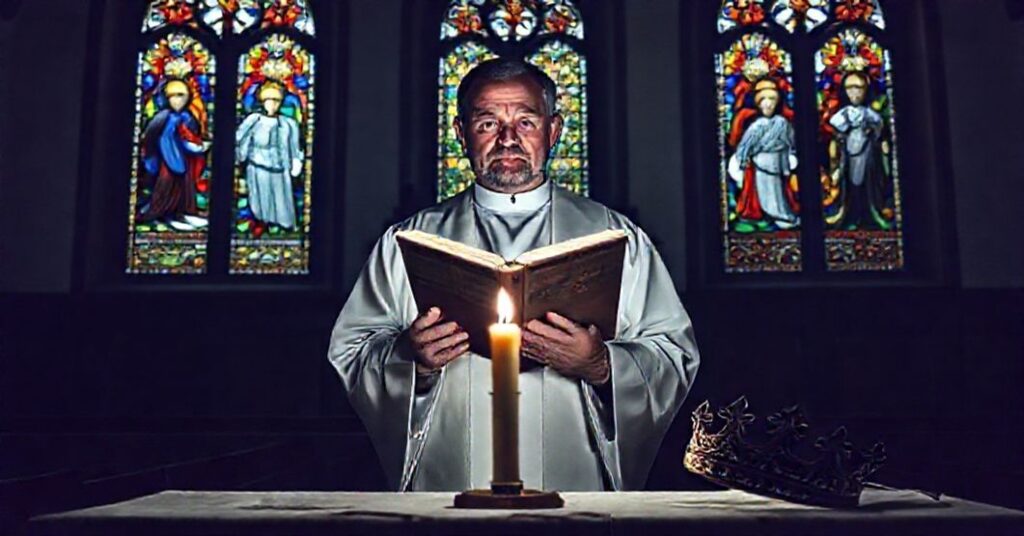 Ks. Rafał Hołubowicz w tradycyjnym kościele katolickim, z Biblią otwartą na Księgi Daniela, przygaszone światło i symbole pominiętego Królestwa Chrystusa.