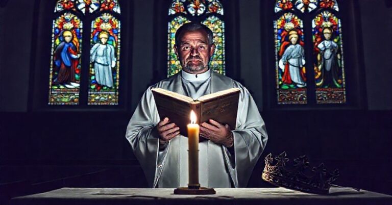 Ks. Rafał Hołubowicz w tradycyjnym kościele katolickim, z Biblią otwartą na Księgi Daniela, przygaszone światło i symbole pominiętego Królestwa Chrystusa.