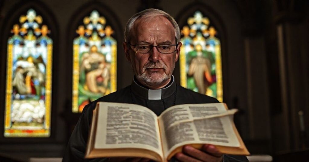 Ks. Rafał Hołubowicz przed ołtarzem w ciemnym kościele, symbolizujący krytykę modernizmu w wierze