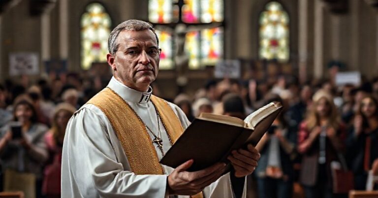 Ks. Rafał Hołubowicz stoi w tradycyjnych szatach przed krucyfiksem, trzymając Biblię, z wyraźnym wyrazem twarzy.