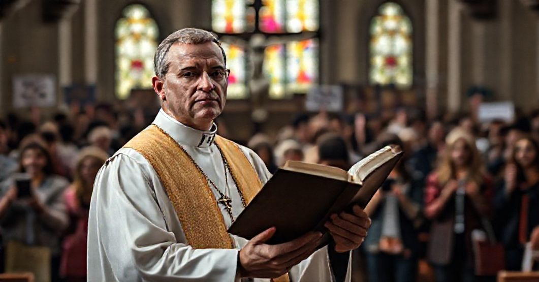 Ks. Rafał Hołubowicz stoi w tradycyjnych szatach przed krucyfiksem, trzymając Biblię, z wyraźnym wyrazem twarzy.