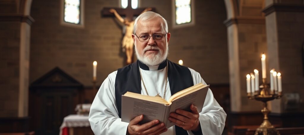 Ks. Rafał Hołubowicz w tradycyjnym stroju liturgicznym stojący w starożytnym kościele z otwartą Biblią