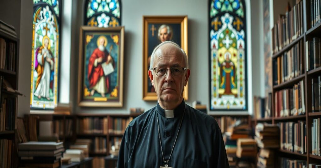 Ksiądz Robert Kufel w bibliotece uniwersyteckiej otoczony starymi księgami i dokumentami archiwalnymi.