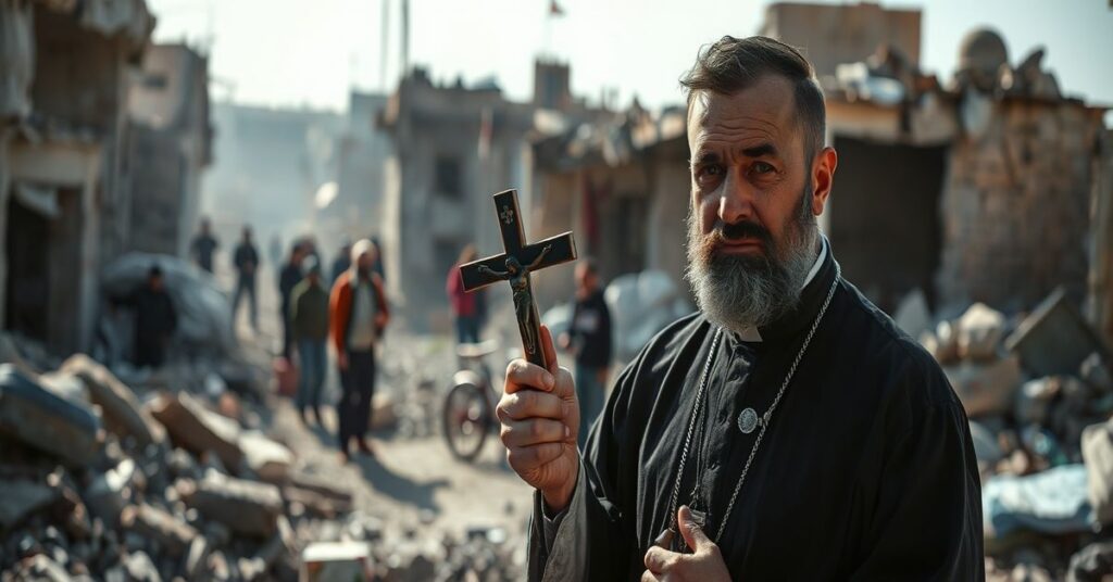 Ks. Gabriel Romanelli stoi w ruinach Gazy z krzyżem, otoczony cierpiącymi rodzinami, symbolizując dramat humanitarny bez Chrystusa.