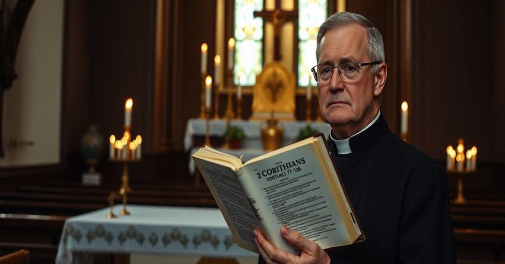 Ksiądz dr Stanisław Sadowski trzymający Biblię w tradycyjnym kościele katolickim