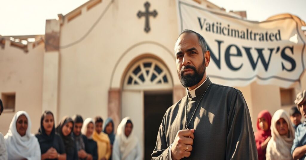 Ks. Sliman Hifawi stoi przed uszkodzoną wojną kościołem w Kuwejcie, otoczony przez katolickich uchodźców.