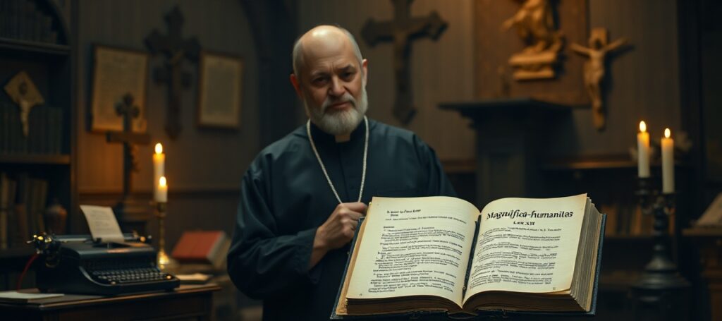 Ksiądz Przemysław Śliwiński w tradycyjnym kościele katolickim z książką encykliki uzurpatora Leona XIV i starym maszynopisem