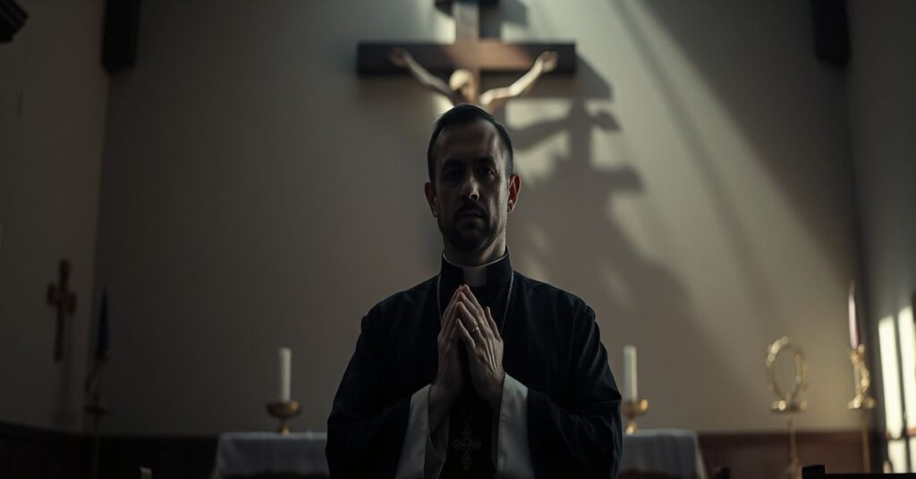 Ks. Przemysław Śliwiński modli się w ciemnej sakrystii kościelnej z krzyżem na tle