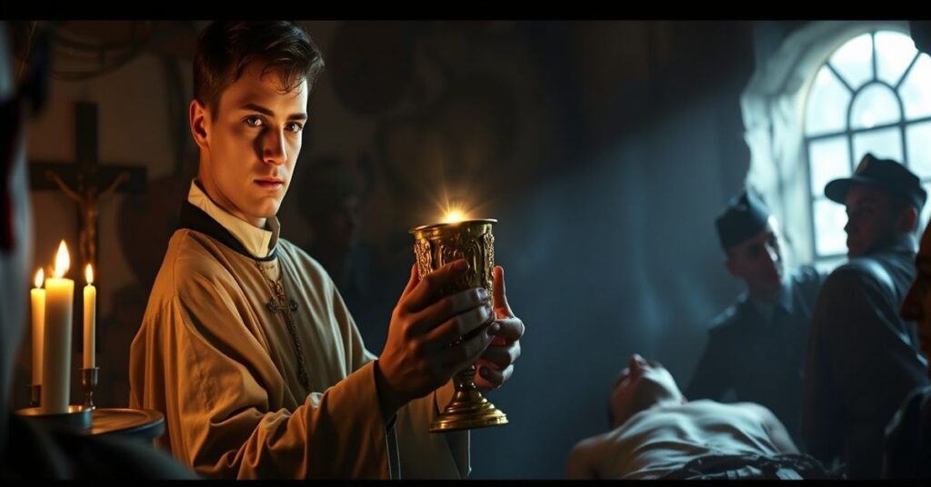 Ojciec Stefan Wyszyński udziela ostatniej pomocy duchowej żołnierzowi podczas Powstania Warszawskiego, trzymając monstrancję z Najświętszym Sakramentem w oświetlonym schronie.