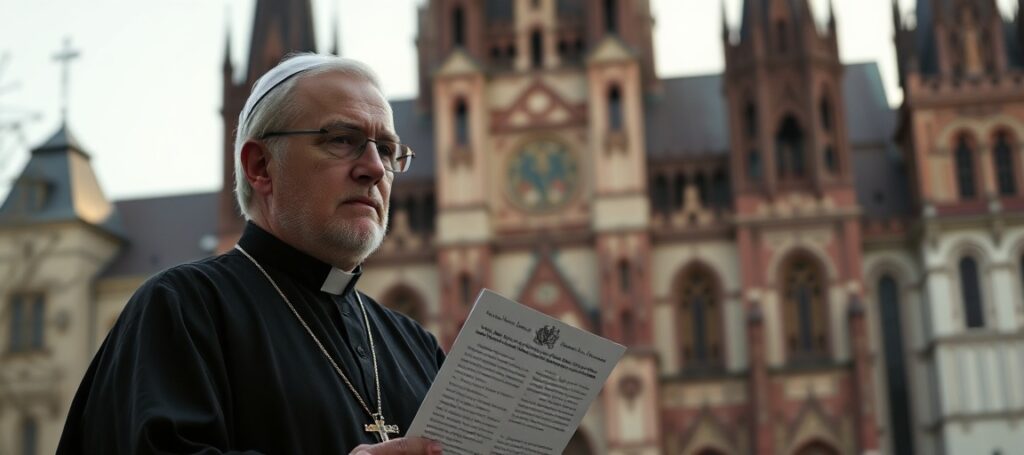 Obrázek przedstawiający ks. Piotra Studnickiego w katedrze na Wawelu z oświadczeniem o opóźnieniu komisji historycznej diecezjalnej.