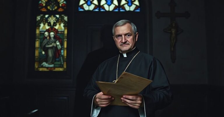 Ks. Piotr Studnicki w kaplicy z dokumentem w ręku, ukryte archiwum i krzyż na ścianie