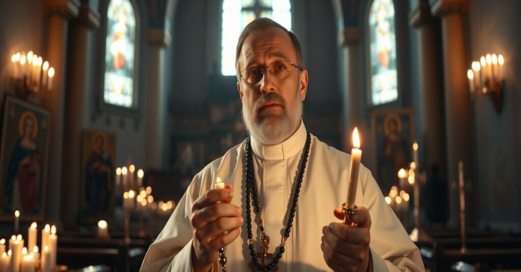 Tradycyjny ksiądz modlący się różańcem w ciemnym kościele z ikonami i świecami, symbolizujący duchową kryzys i potrzebę nawrócenia