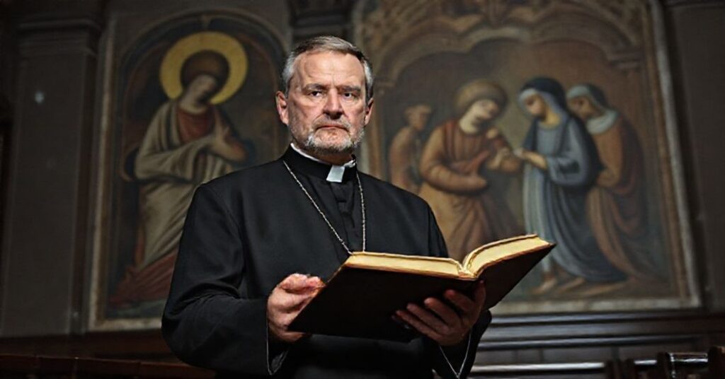 Ksiądz Tomasz Jaklewicz w starej kościelnej świątyni przed freskiem przedstawiającym Niewiastę i Zachariasza.