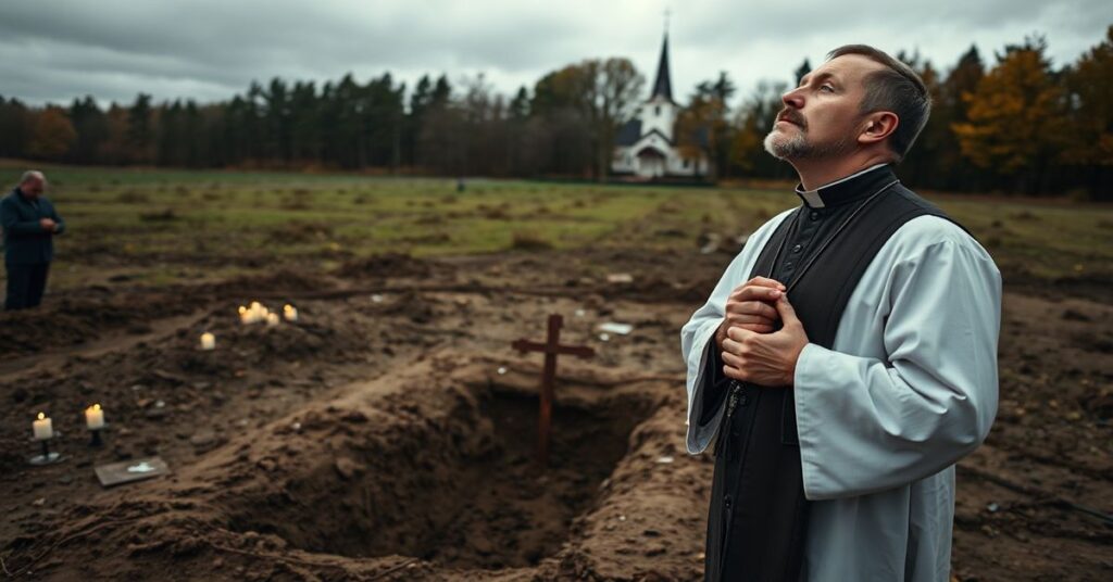 Kapelan ks. Tomasz Trzaska modli się nad zbiorową mogiłą ofiar rzezi wołyńskiej w Woli Ostrowieckiej i Ostrówkach.