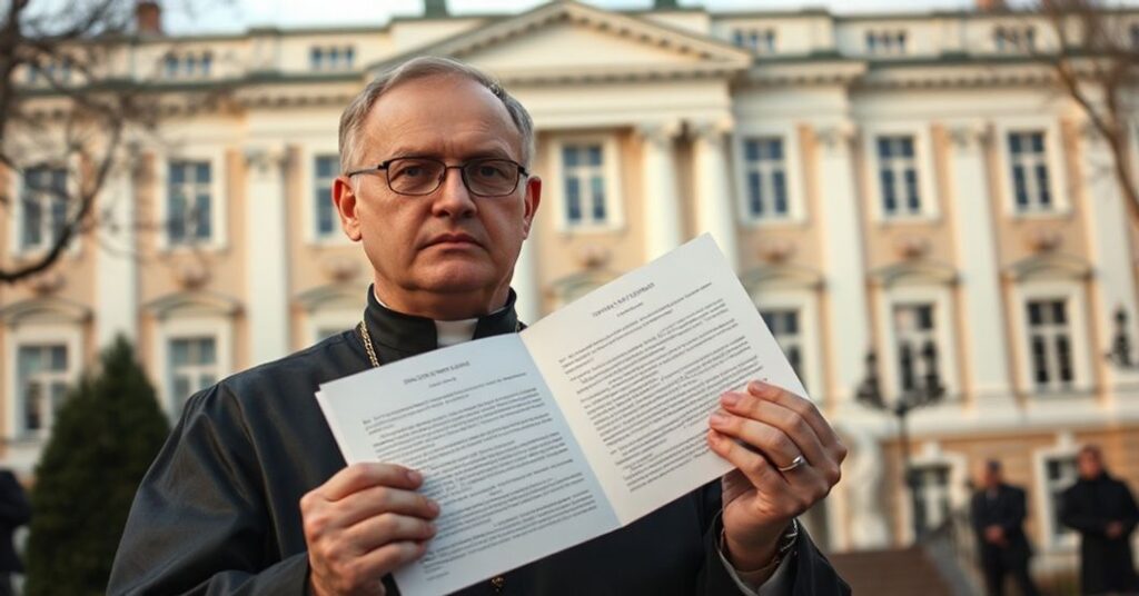 Ks. Alfred Marek Wierzbicki stoi przed Pałacem Prezydenckim z otwartym listem skierowanym do Prezydenta Karola Nawrockiego.