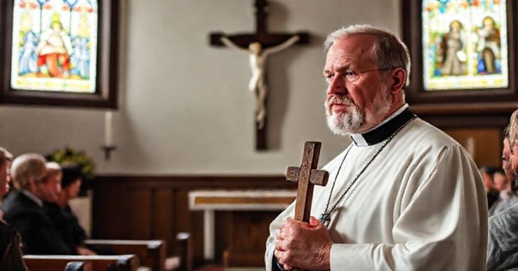 Ks. Wiesław Przygoda wygłasza kazanie w tradycyjnym kościele katolickim o najwyższej wartości zbawienia duszy nad materialną pomocą