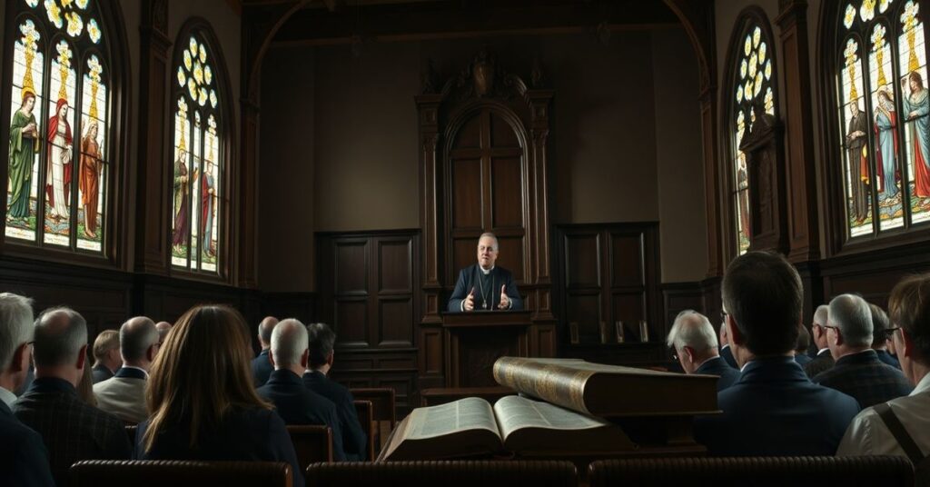 Ks. Krzysztof Wons SDS wygłasza wykład na temat subiektywnej interpretacji Słowa Bożego w tradycyjnym kościelnym wnętrzu.