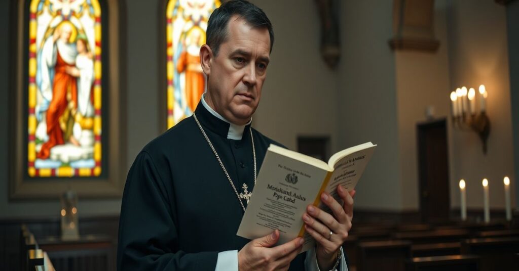 Ks. Wróbel w tradycyjnym stroju kościelnym w kościele, trzymając książkę z nauczaniem Piusa XI