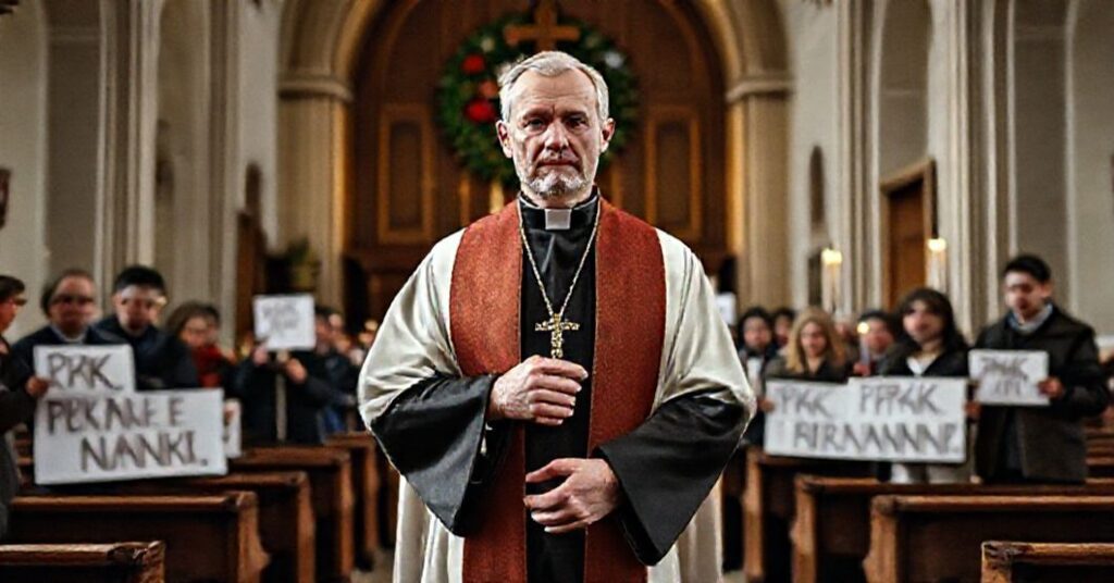 Ks. Paweł Zazuniak w tradycyjnym stroju kapłańskim trzyma krzyż w kościele na tle sekularyzowanych aktywistów rozdających żywność