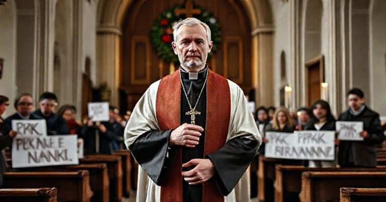 Ks. Paweł Zazuniak w tradycyjnym stroju kapłańskim trzyma krzyż w kościele na tle sekularyzowanych aktywistów rozdających żywność