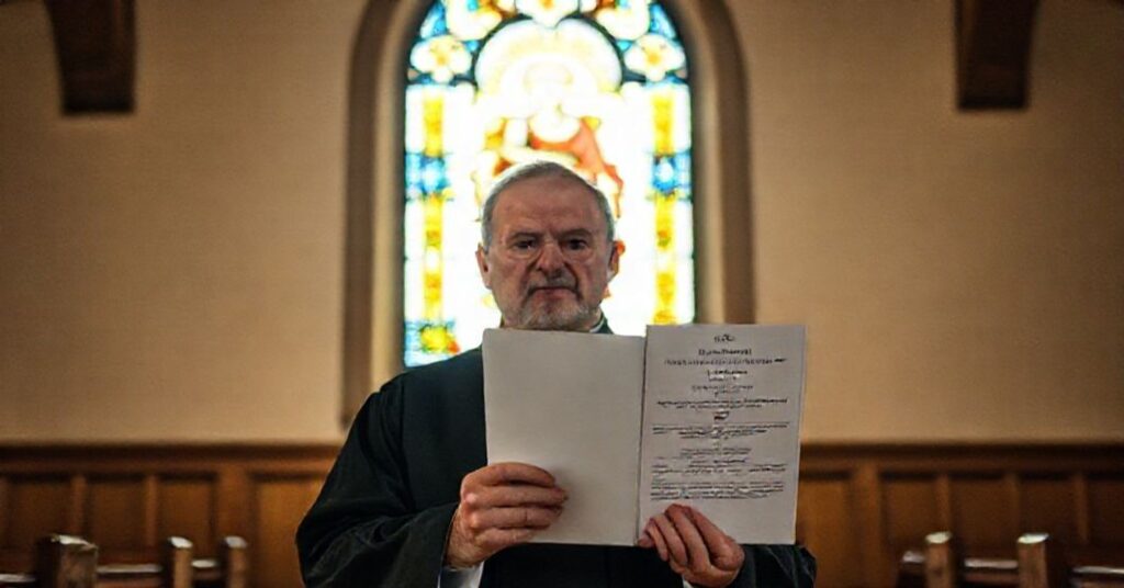 Ks. Jan Żelazny w tradycyjnym kościele katolickim trzyma dokument z petycją PKWP do ONZ przed witrażem przedstawiającym Chrystusa Króla