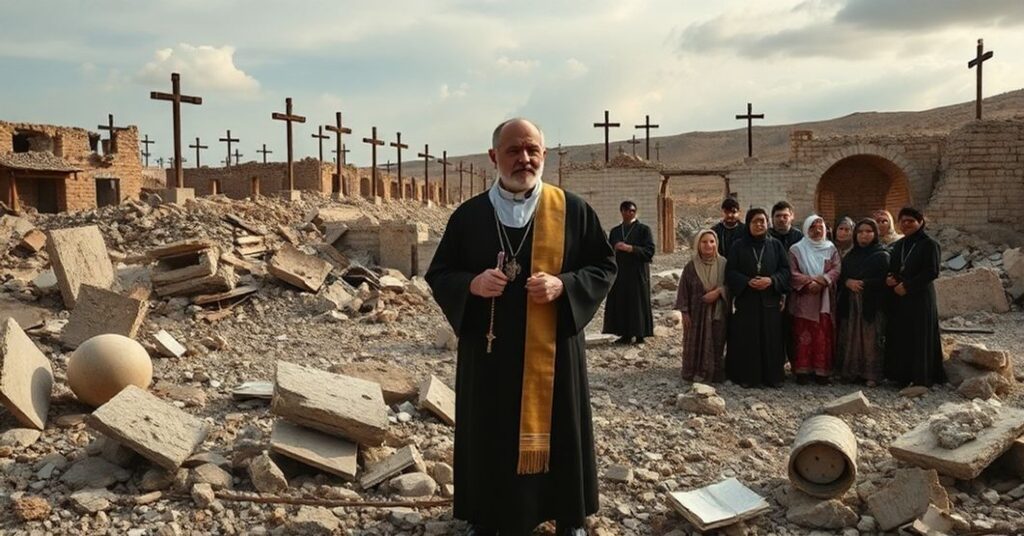 Ks. prof. Jan Żelazny stoi w ruinach kościoła w Syrii, trzymając różaniec i patrząc na uciekających chrześcijan. W tle widoczne są zniszczenia i krzyże.