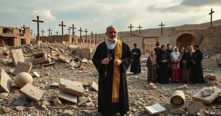 Ks. prof. Jan Żelazny stoi w ruinach kościoła w Syrii, trzymając różaniec i patrząc na uciekających chrześcijan. W tle widoczne są zniszczenia i krzyże.