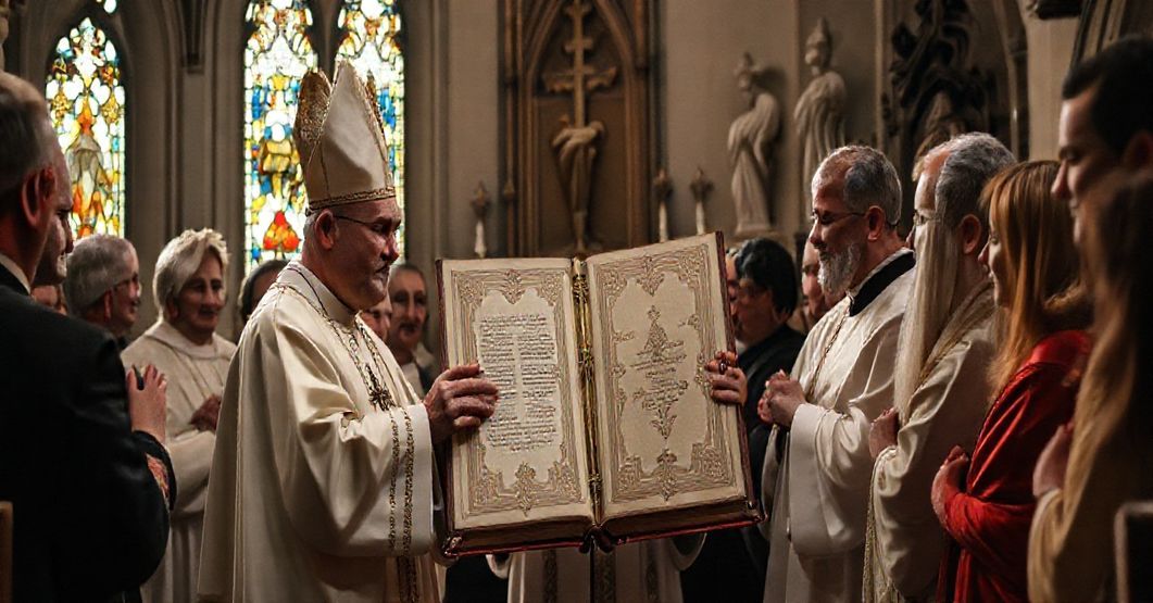 Wizerunek przedstawiający ceremoniał przekazania Księgi Wdzięczności w diecezji płockiej, symbolizujący modernistyczne odchylenia od tradycyjnego katolicyzmu.