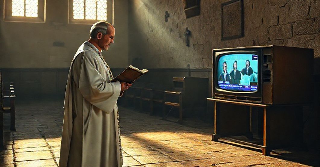 Ksiądz i nowoczesna media - konflikt wartości Ksiądz w kościele patrzy na nową telewizję z wiadomościami, symbolizując konflikt między katolicką moralnością a świeckim etosem