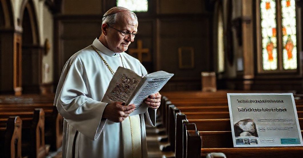 Ksiądz i bankowa reklama - sprzeciw wobec nowoczesnej finansowej bezbożności Ksiądz katolicki patrzący z niepokojem na reklamę bankową w kościele