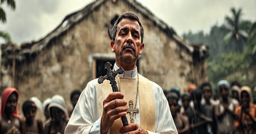 Ksiądz w tradycyjnym ornaty modli się przed zniszczonym kościołem na Jamajce, otoczony ludźmi szukającymi schronienia i nadziei