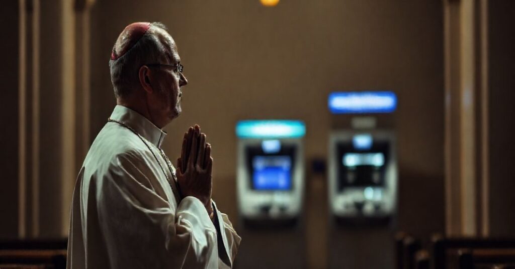 Ksiądz w tradycyjnych szatach modląc się w kościele z tłem bankomatów, symbolizujący konflikt między moralnością katolicką a technokratycznymi rozwiązaniami w walce z przestępczością finansową