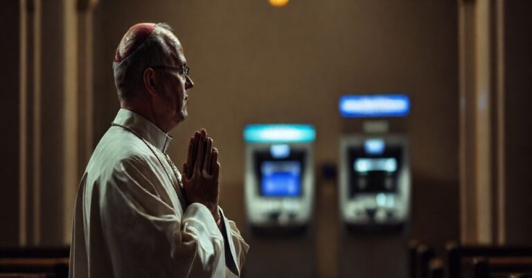 Ksiądz w tradycyjnych szatach modląc się w kościele z tłem bankomatów, symbolizujący konflikt między moralnością katolicką a technokratycznymi rozwiązaniami w walce z przestępczością finansową