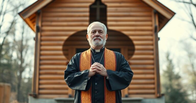 Ksiądz w tradycyjnym stroju liturgicznym modli się przed niedużym drewnianym kościołem. W tle widoczny jest cień współczesnego przywódcy rosyjskiego symbolizujący konflikt między wiarą a kultem państwa.
