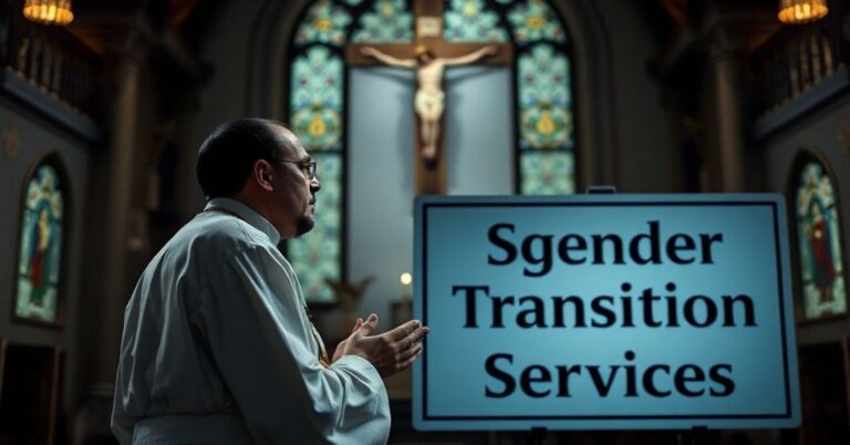 Kneeling priest in traditional vestments praying before a crucifix in a dimly lit church with stained-glass windows and a blurred clinic sign 'Gender Transition Services' crossed out.