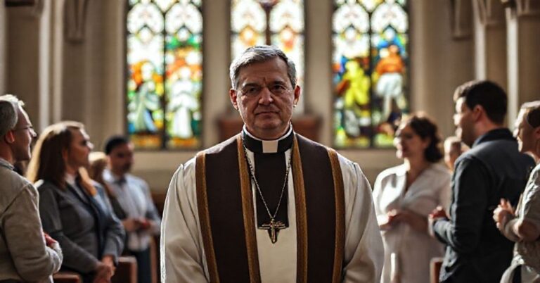 Ksiądz w tradycyjnych szatach stoi w cichej świątyni z grupą współczesnych ludzi