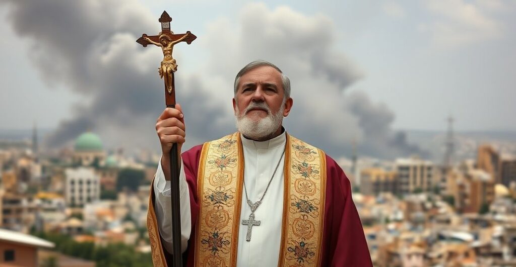 Książ katolicki w tradycyjnych szatach liturgicznych modli się przed zrujnowanym pejzažm Strefy Gazy, trzymając krzyż, symbolizując duchową walkę w czasie wojny.