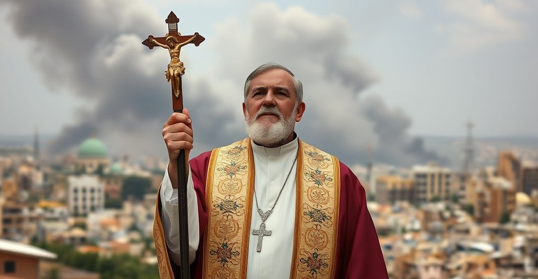 Książ katolicki w tradycyjnych szatach liturgicznych modli się przed zrujnowanym pejzažm Strefy Gazy, trzymając krzyż, symbolizując duchową walkę w czasie wojny.