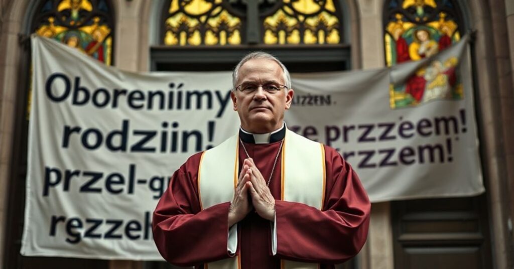 Tradycyjny katolicki książ w ornaty modli się przed kościołem z transparentem "Obroniłmy rodzinę przed grzechem!" na tle witrażu przedstawiającego Rodzinę Świątży